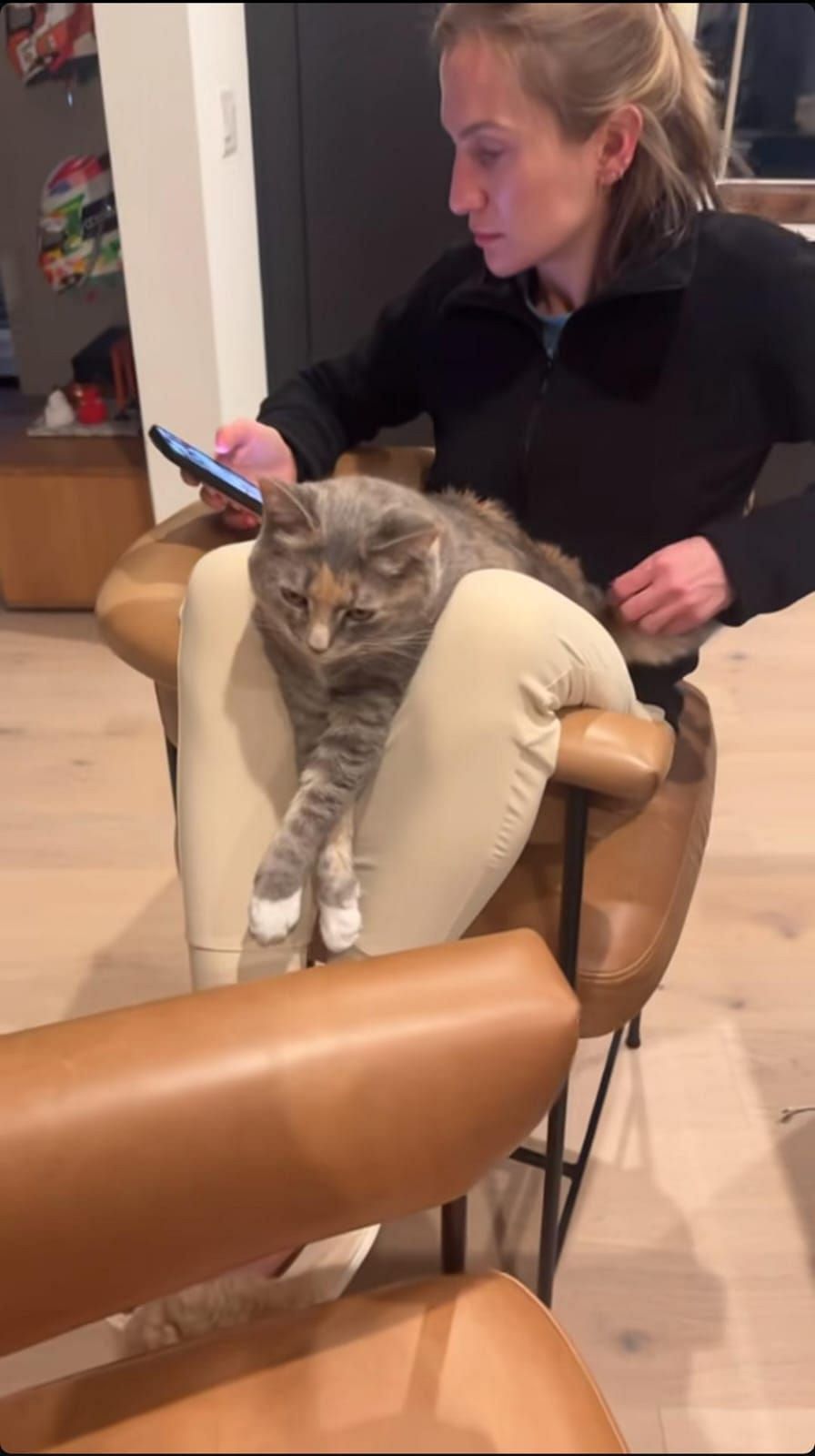 Daniel Suarez&#039;s wife Julia Piquet relaxing with her cat Nicky (Source: @daniel_suarezg via Instagram)