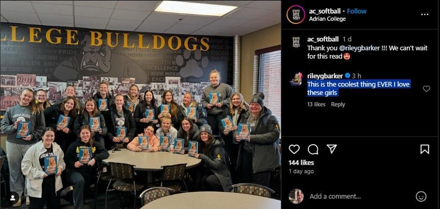 Screenshot of the Instagram post (@ac_softball/IG).