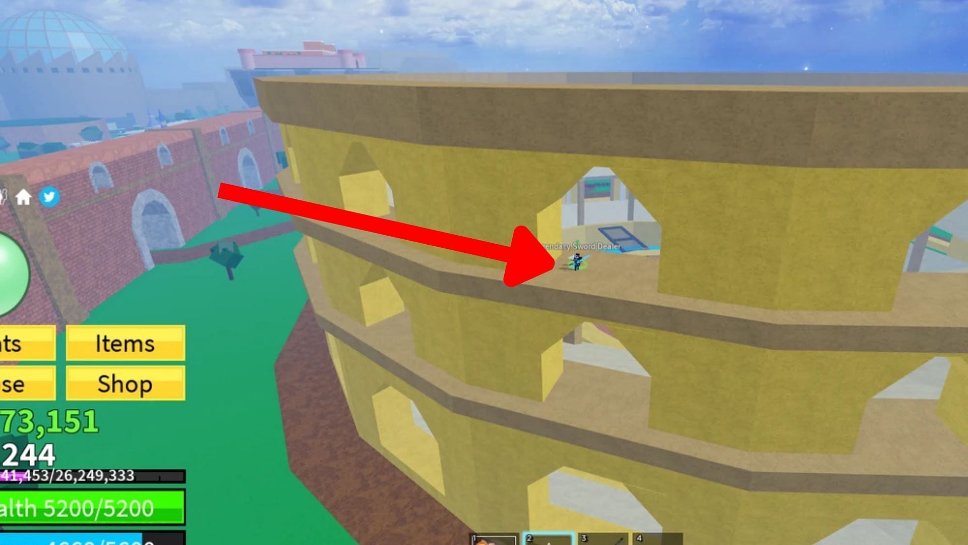 Legendary Sword Dealer location in the Colosseum (Image via Roblox)