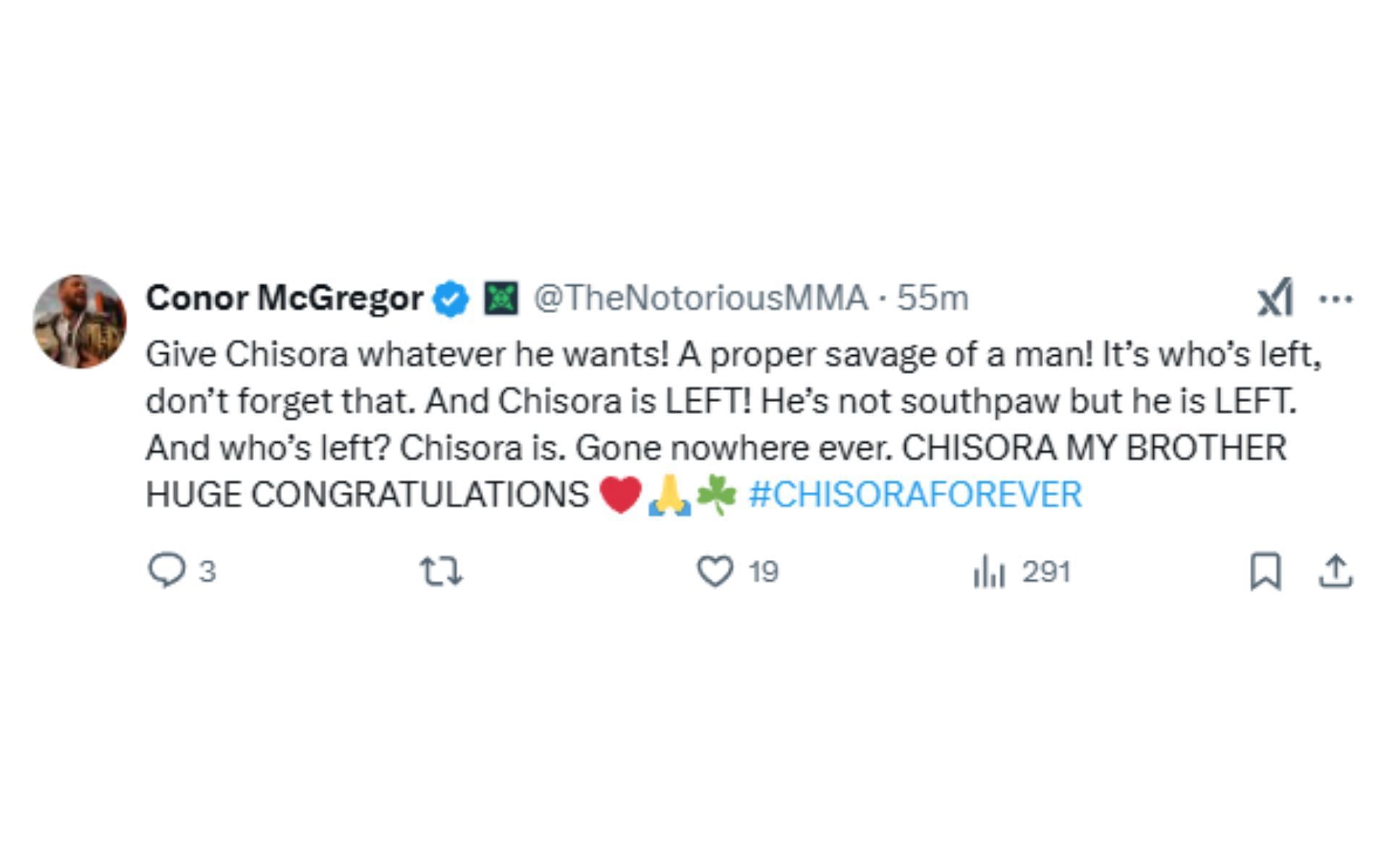 Conor McGregor showers praise on Derek Chisora