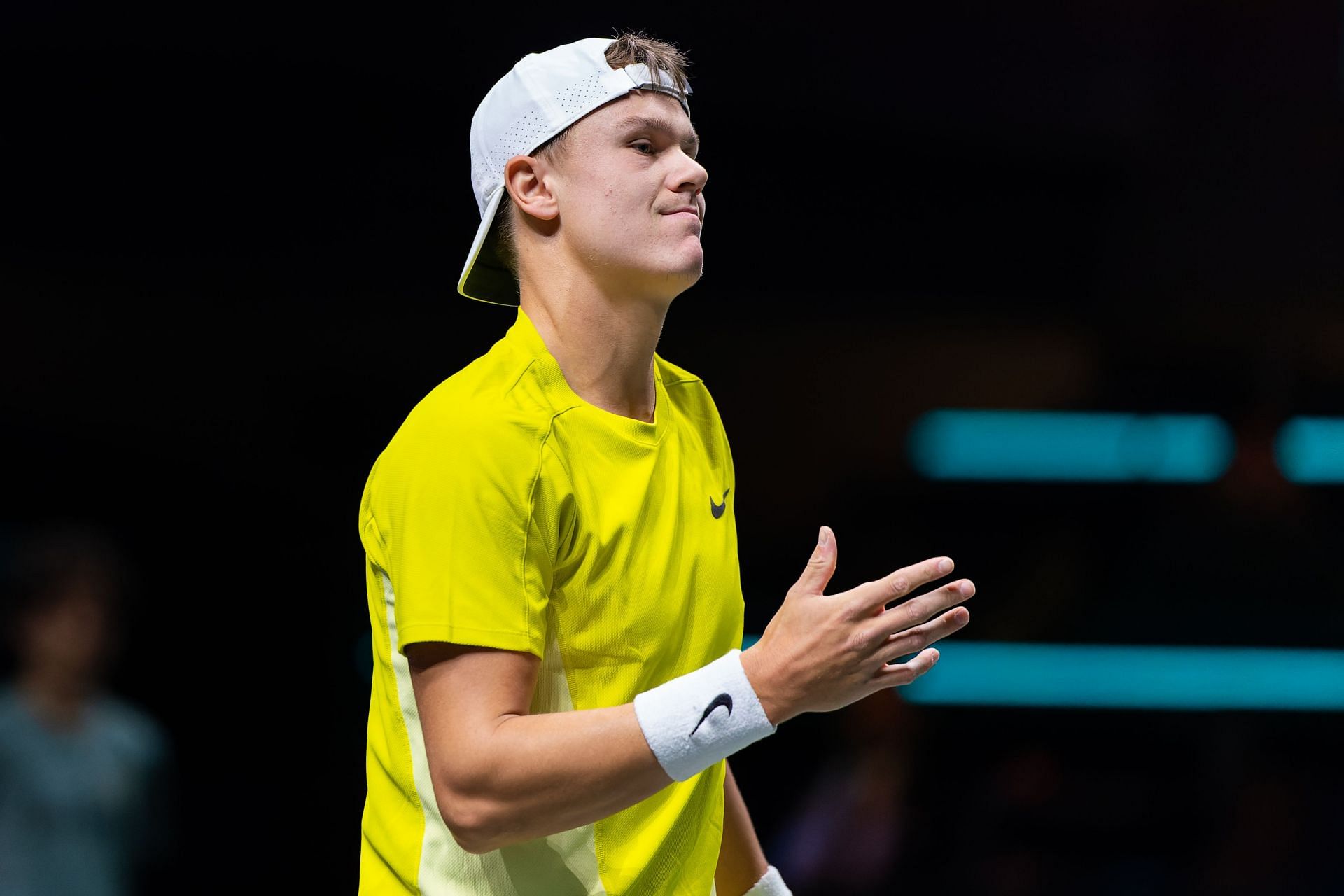 Rune reacts after a point in the ABN AMRO Open - Day Two - Source: Getty