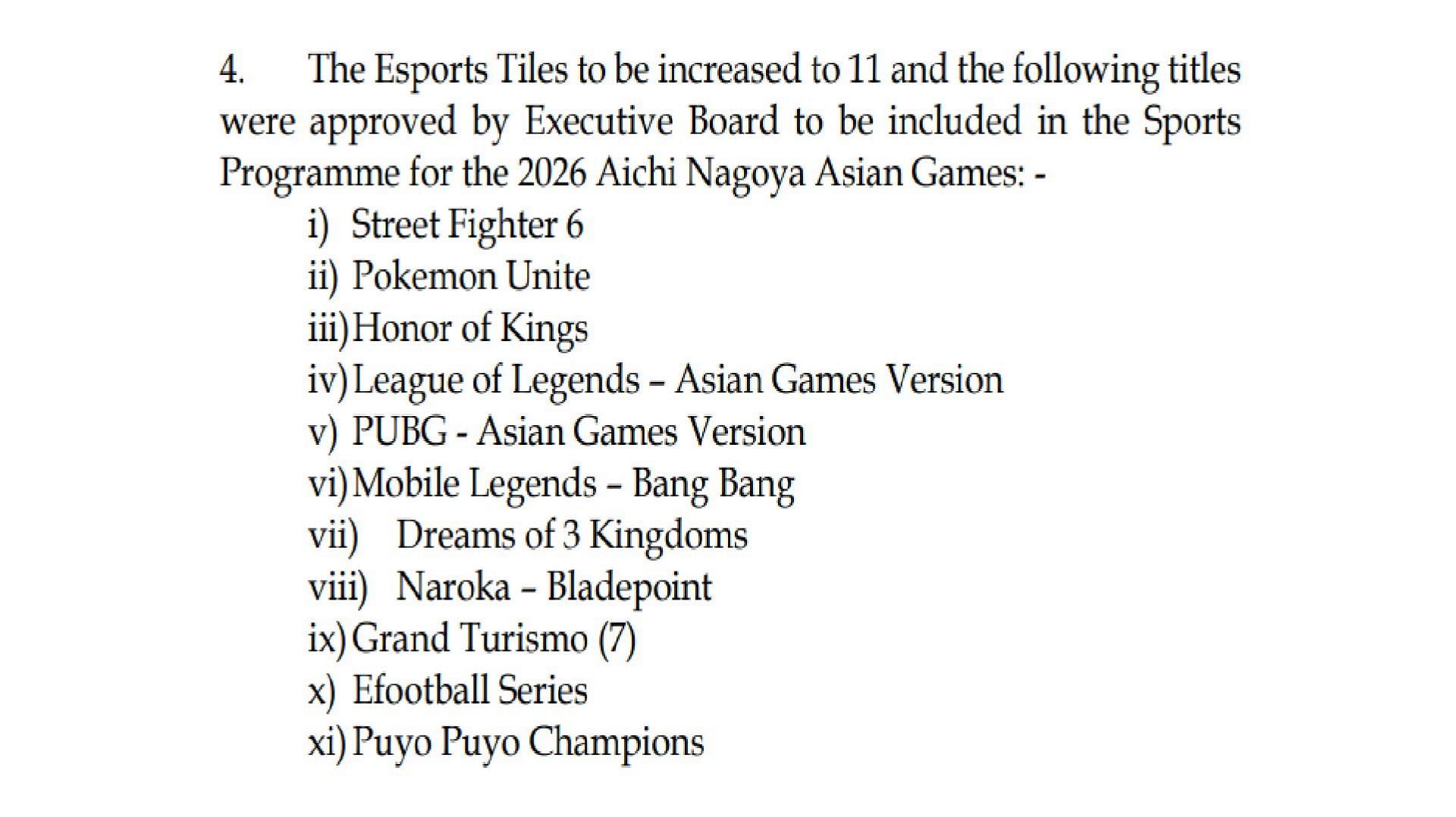 List of Esports titles revealed for 2026 Asian Games (Image via Olympics Games)