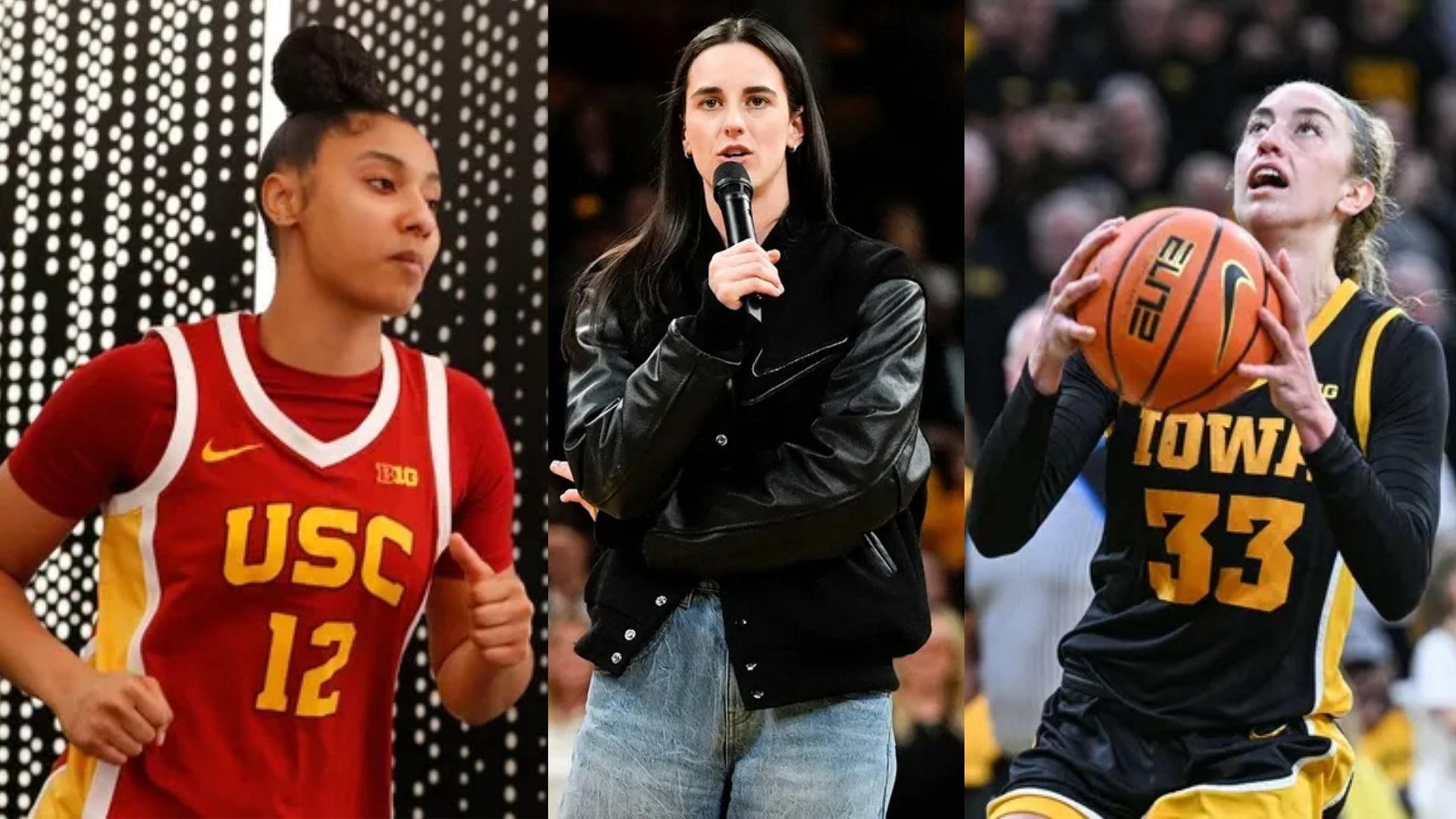 USC star Juju Watkins (right), WNBA guard Caitlin Clark (center) and Iowa ace Lucy Olsen (right) | Image Credits: Alex Martin (Journal-Courier), Julia Hansen (Iowa City Press-Citizen), and Jeffrey Becker (Imagn Images)