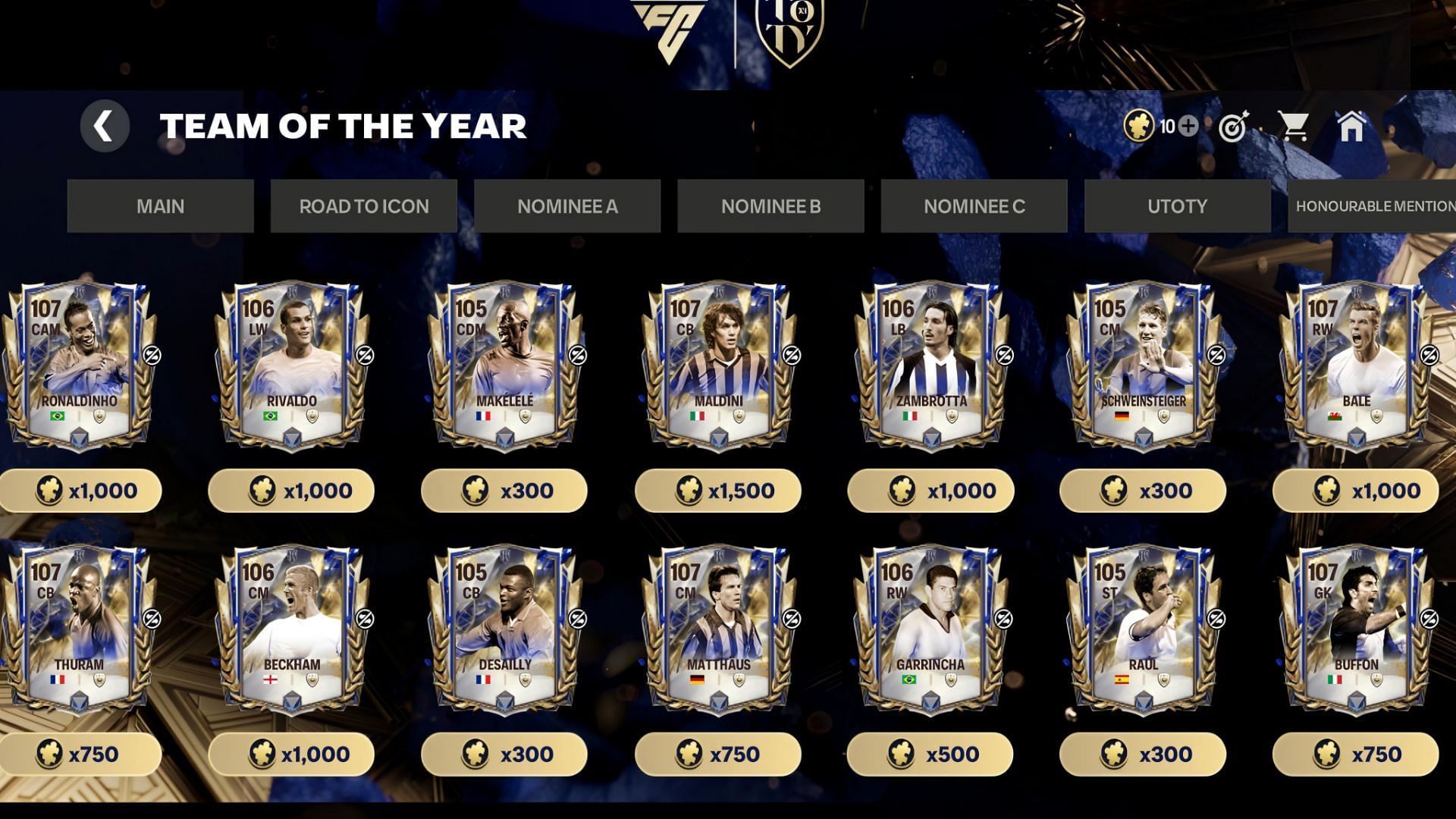 EA FC Mobile TOTY 25 Icons and their Shard requirements (Image via EA Sports)