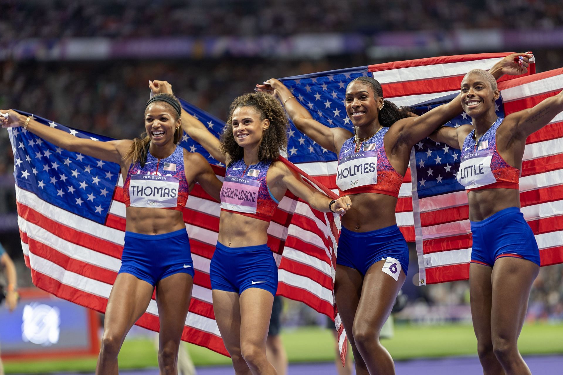 Gabby Thomas, Sydney McLaughlin Levrone, Alexis Holmes, and Shamier Little at 2024 Paris games - Source: Getty - Source: Getty