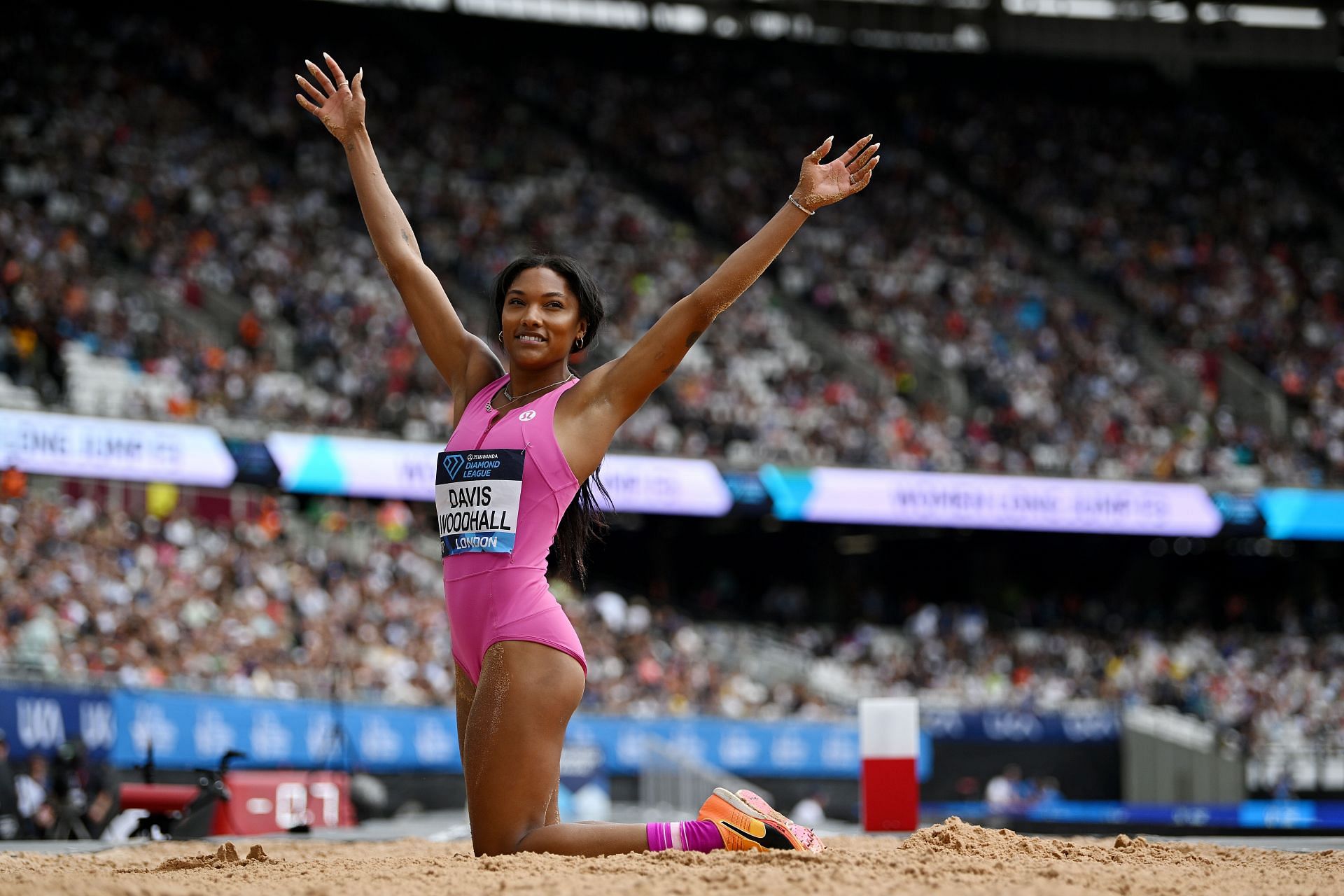 Davis-Woodhall during the long jump event at the London Stadium during the 2023 London Diamond League event (Image via: Getty Images)