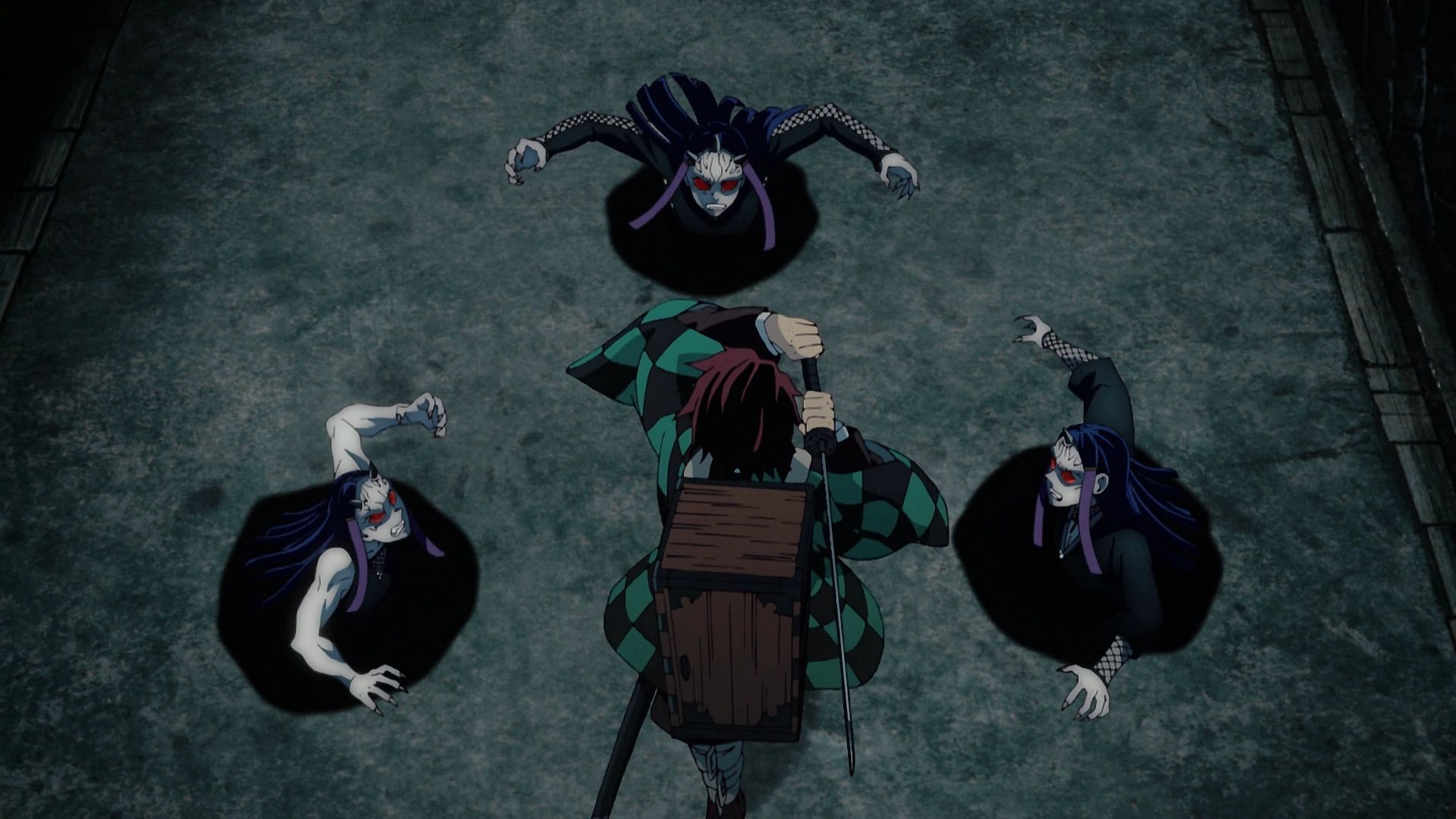 Tanjiro fighting against the demons in the Kidnapper&#039;s Bog arc (Image via Ufotable)