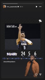 Savannah's IG story for Bronny