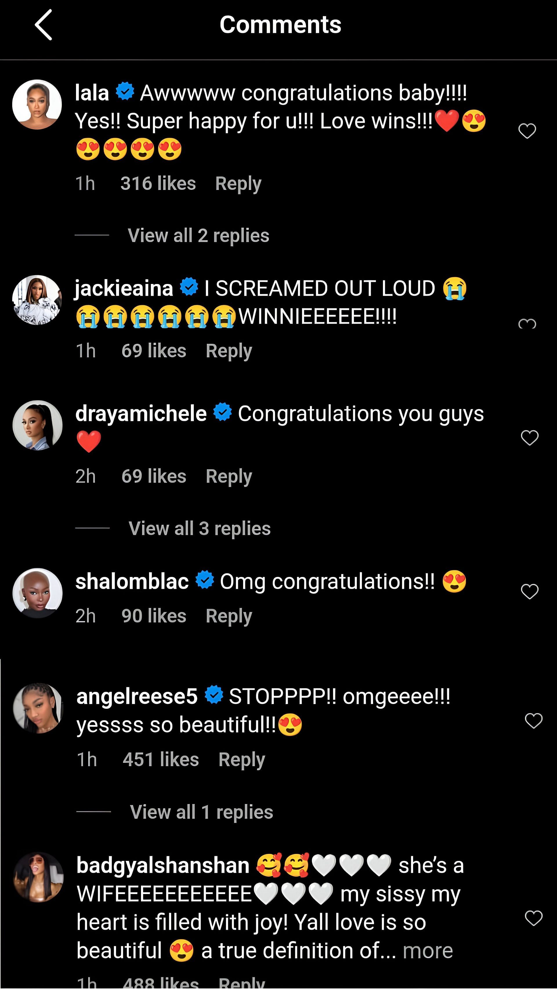 Comments on Winnie Harlow&#039;s engagement post. (IG/Winnie Harlow)