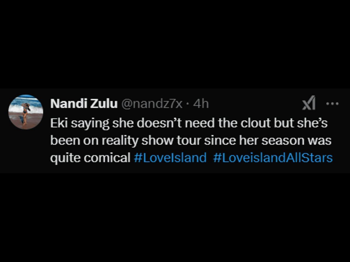 A Love Island: All Stars fan reacts to Ekin-Su&#039;s comment (Image via X/ @nandz7x)