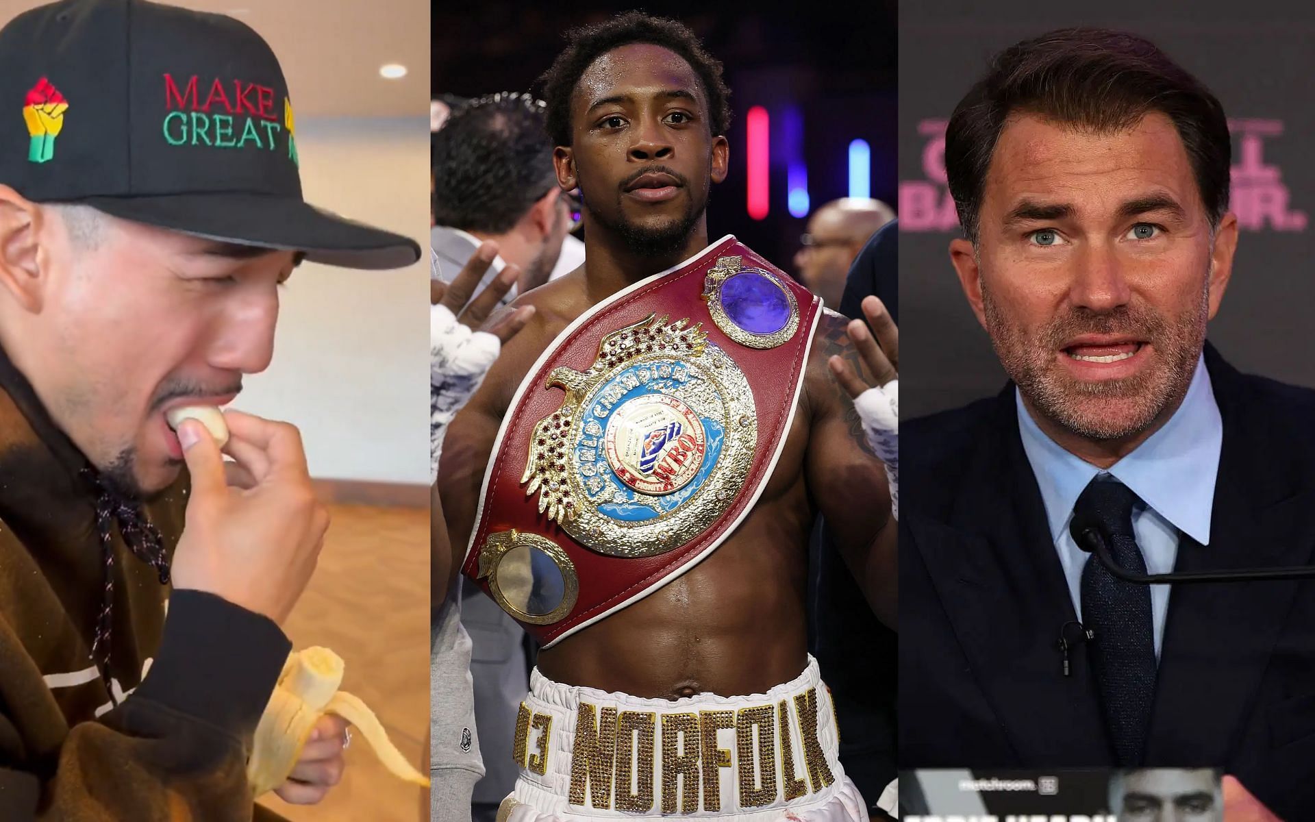 Eddie Hearn (right) slams Teofimo Lopez (left) for his racially-themed video directed at Keyshawn Davis (middle) [Images courtesy: Getty Images, @teofimolopez on X]