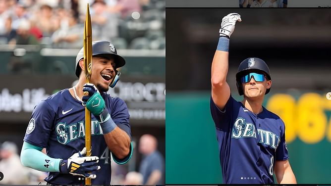 Mariners' Julio Rodríguez reacts to teammate Dominic Canzone receiving his ultimate 1/1 rookie card gift from mom