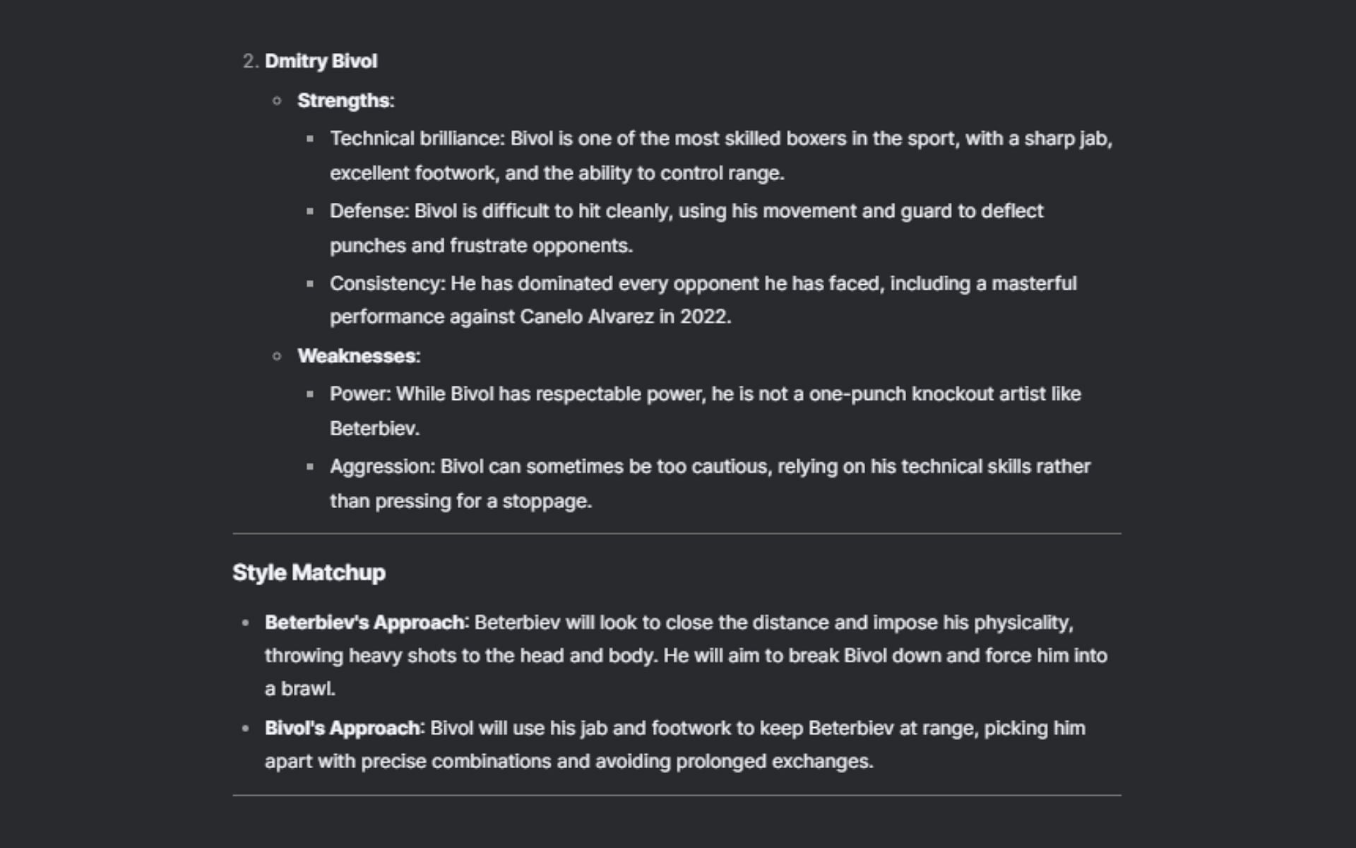 Screenshot of DeepSeek's AI prediction for the much-awaited rematch -- Artur Beterbiev vs. Dmitry Bivol 2