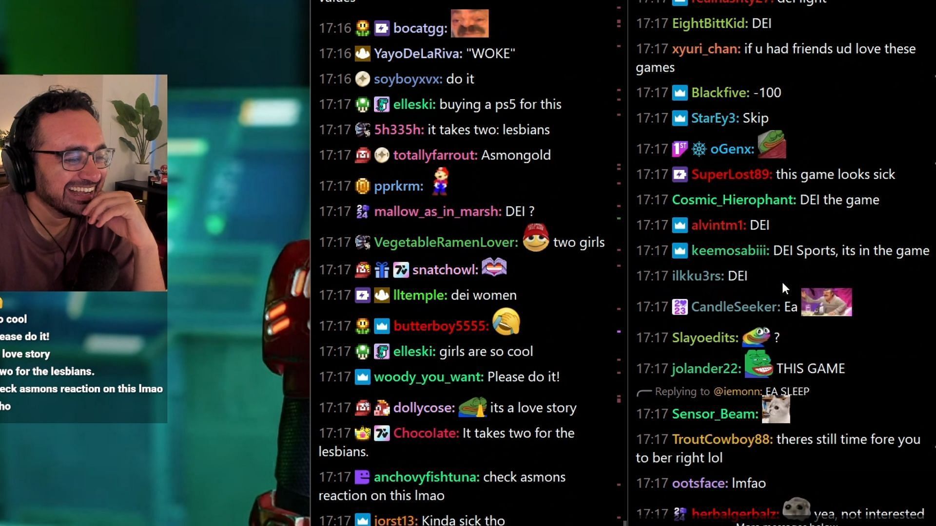 Squeex laughs at Asmongold&#039;s chatbox after noticing multiple &quot;DEI&quot; messages (Image via Squeex/Twitch)