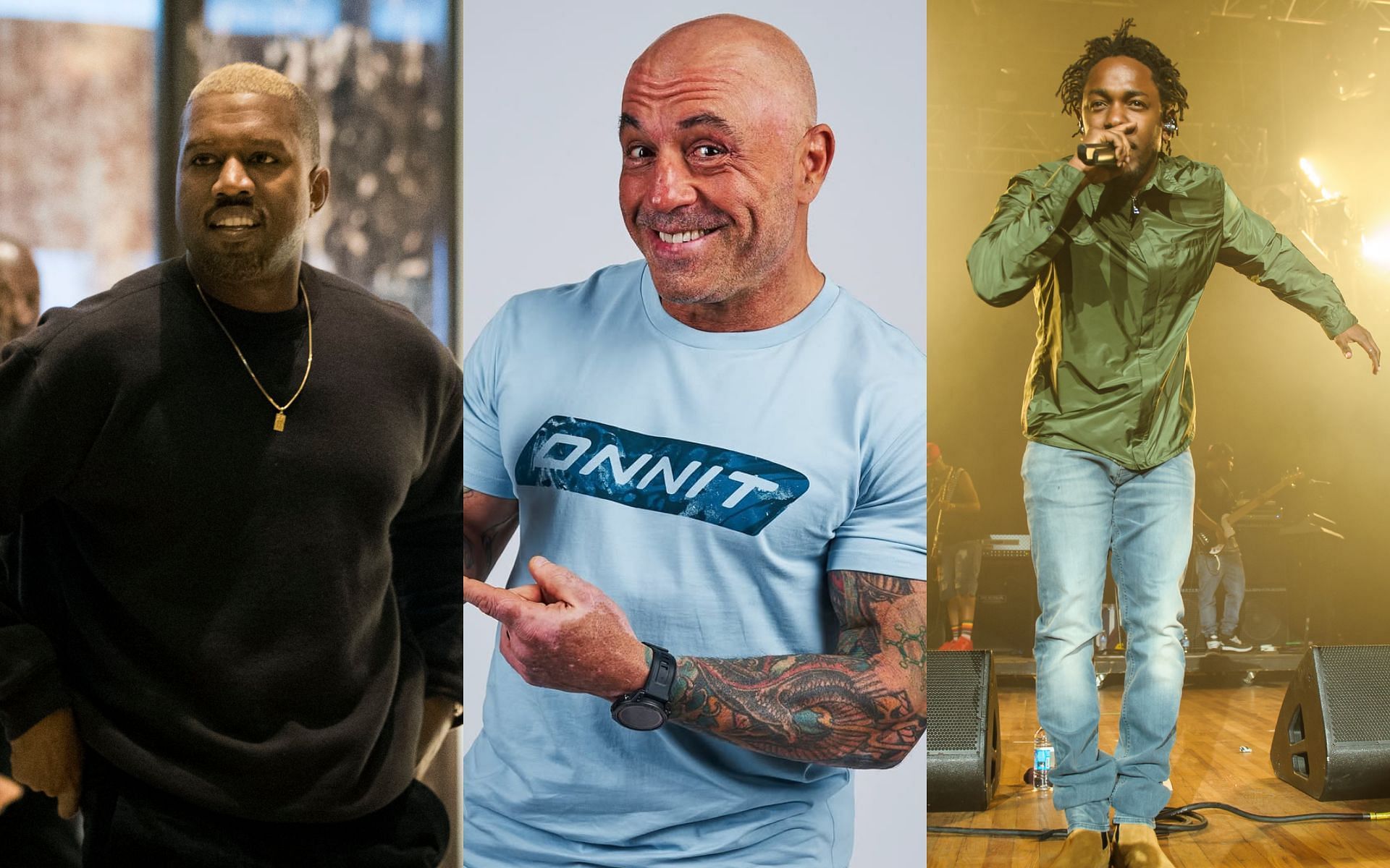 Joe Rogan (middle) predicts a rare gem could become the next big rapper fashion trend if Kendrick Lamar (right) and Kanye West (left) start rocking it. [Images courtesy: Getty Images, @onnit on Instagram and Getty Images]