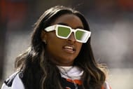 Simone Biles makes an appearance during the match between the New England Patriots and the Chicago Bears - Source: Getty