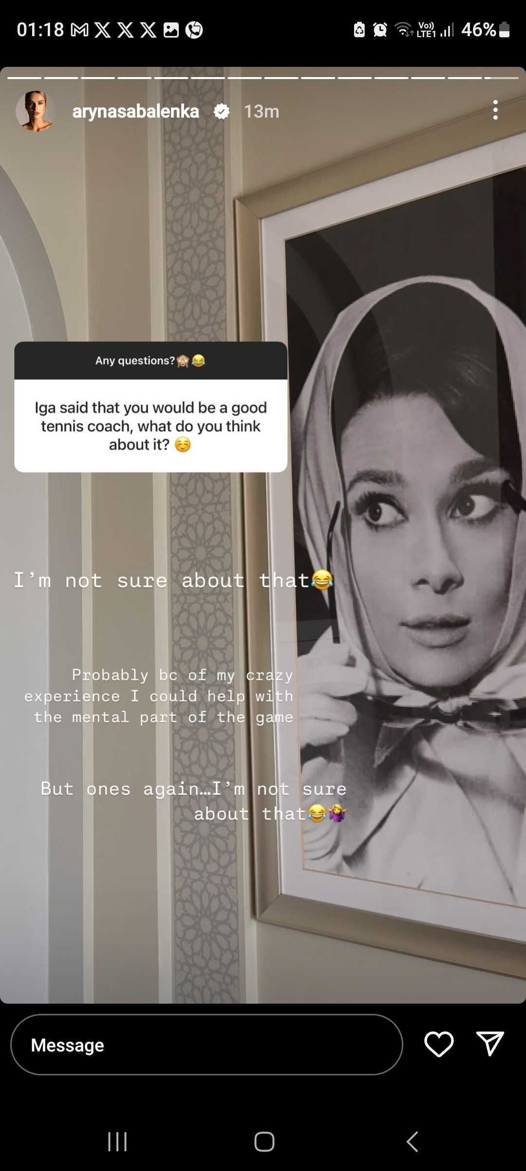 Aryna Sabalenka jokes about being the coach of Iga Swiatek, (Source: Instagram)