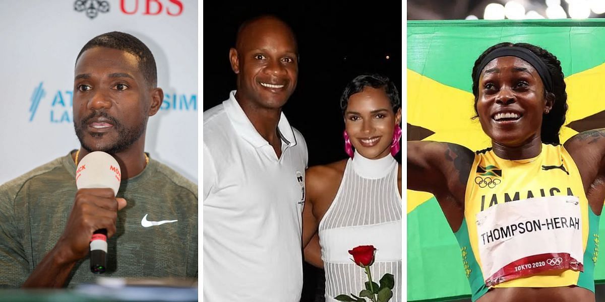 Justin Gatlin [L], Asafa and Alyshia Powell [C], Elaine Thompson-Herah [R] (Images via Getty, Instagram)