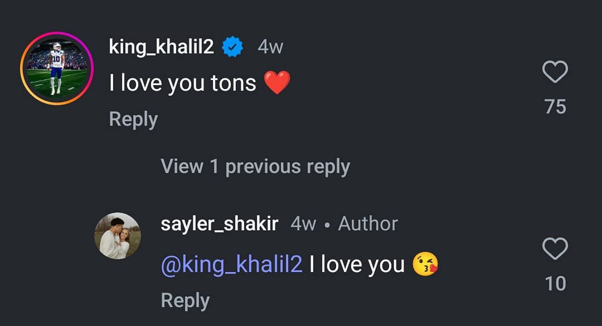 Khalil Shakir&#039;s comment to his wife&#039;s post (Image via Instagram/@sayler_shakir)