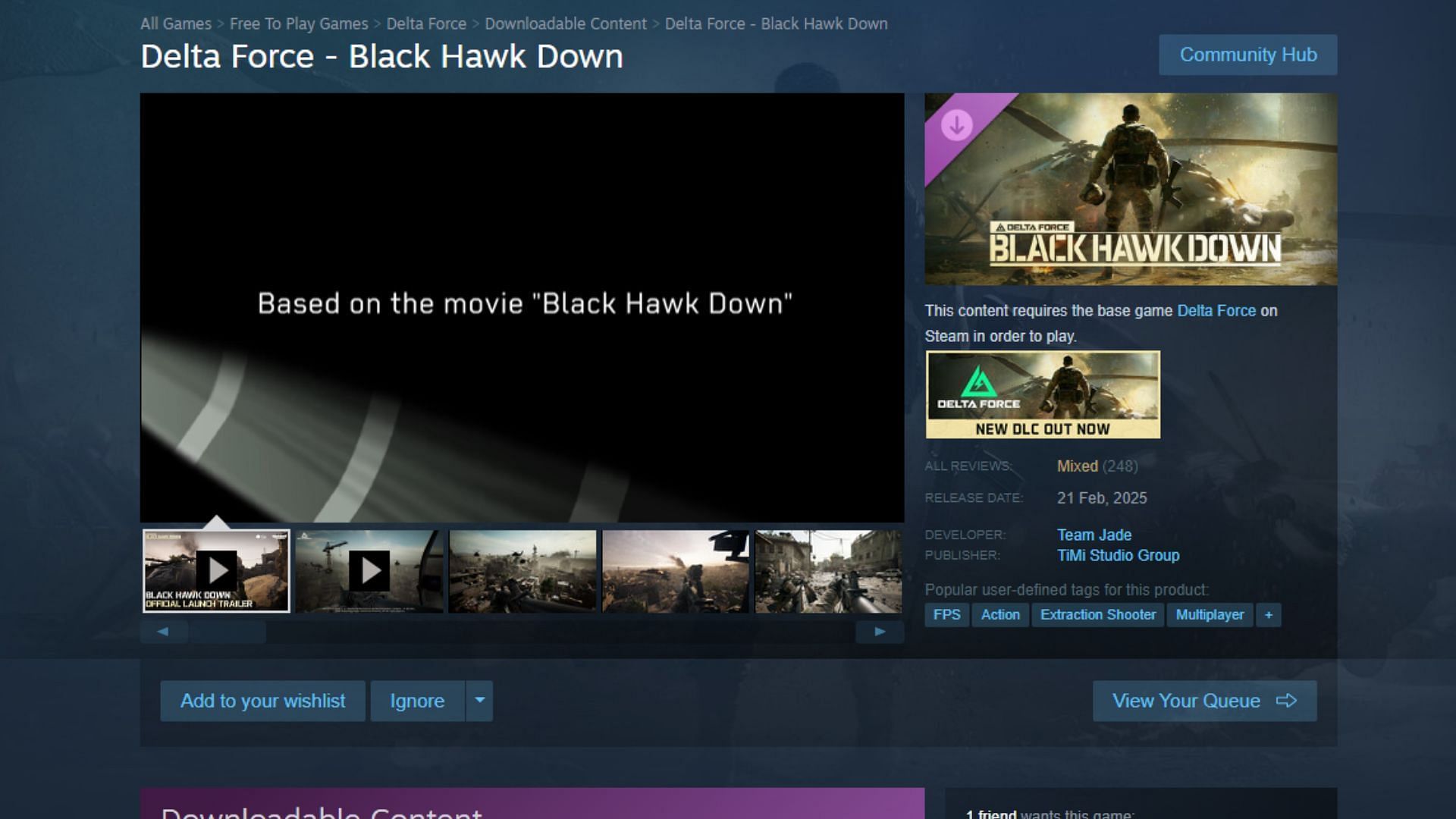 The Delta Force Black Hawk Down Steam store page (Image via Sportskeeda Gaming/Steam)