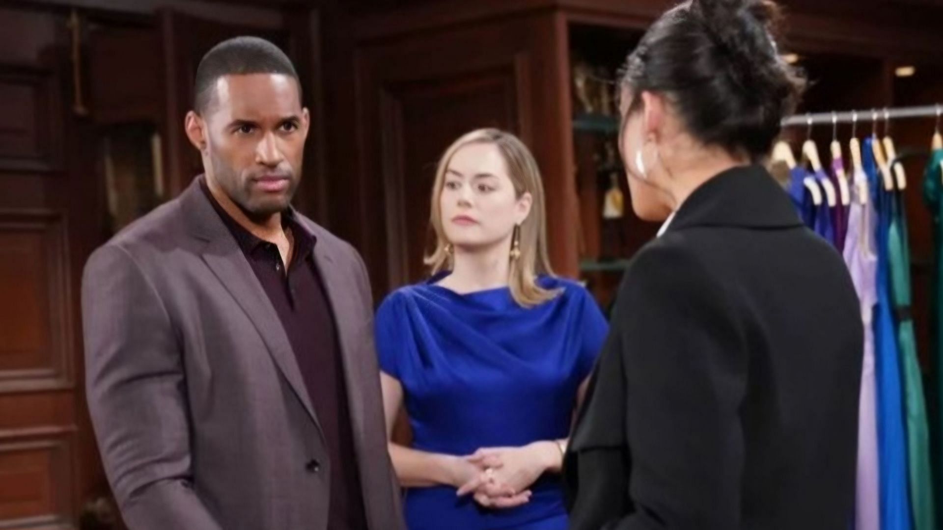 Carter Walton, Daphne Rose, and Hope Logan at Forrester Creations in a still from The Bold and the Beautiful (Image via CBS)