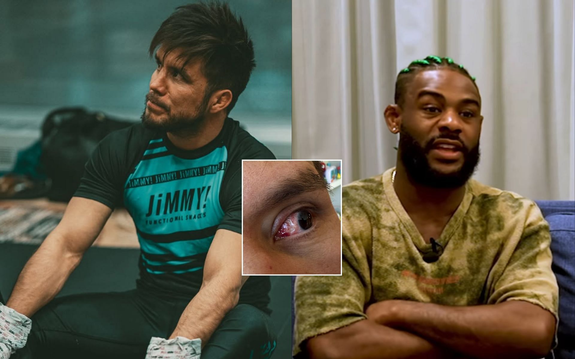 Aljamain Sterling (right) reacts to fans criticizing Henry Cejudo (left) for allegedly &quot;faking&quot; an injured eye (insert). [Image credit: @henry_cejudo, @funkmastermma on Instagram]