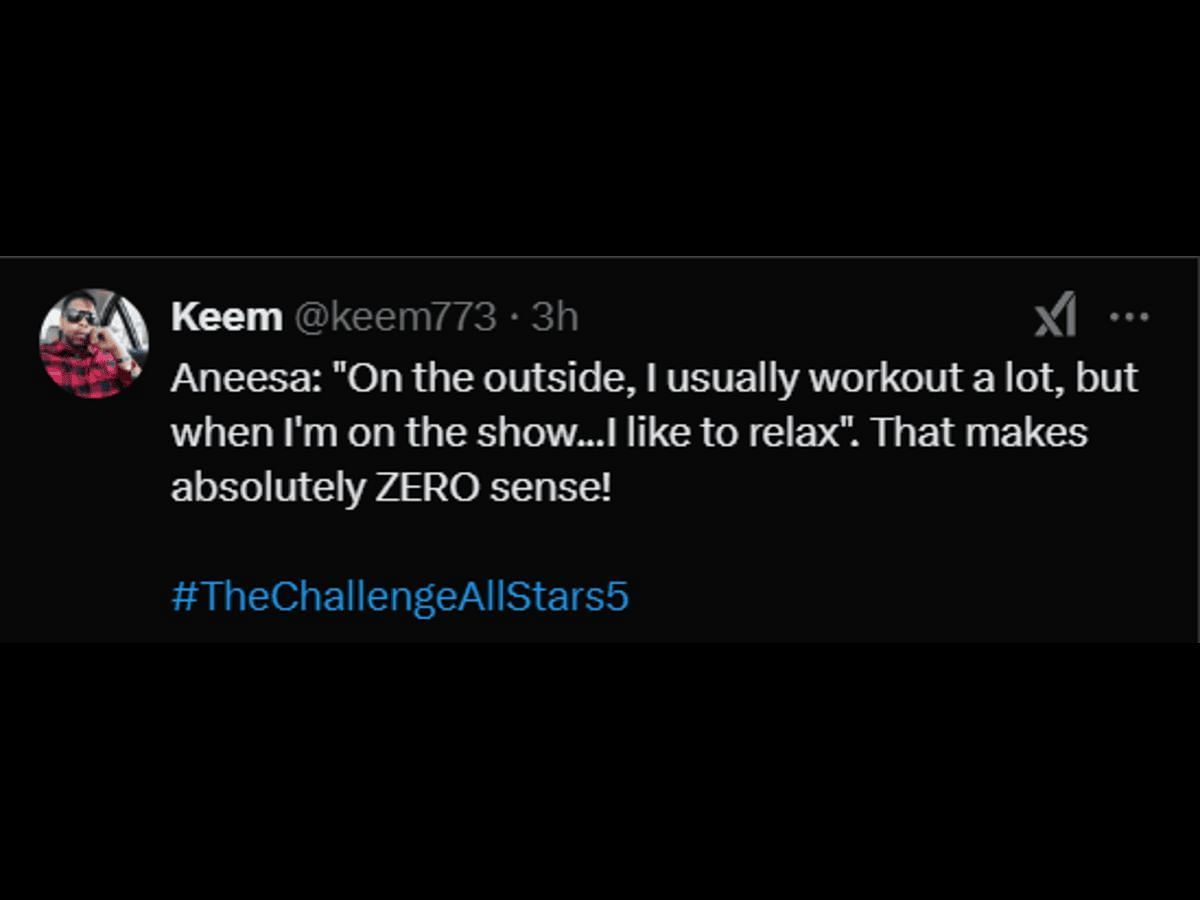 A fan of &#039;The Challenge: All Stars&#039; reacts to Aneesa&#039;s game plan (Image via X/ @keem773)