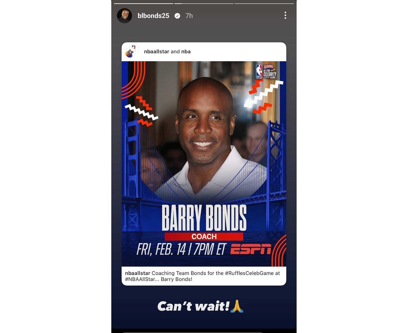 Barry Bonds had an enthusiastic reaction to being selected as a coach (blbonds25/Instagram)