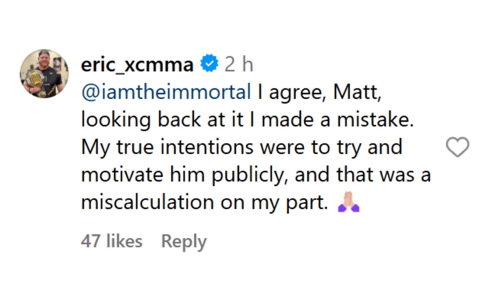 Eric Nicksick&#039;s comment. [Image credit: @mmafightiing on Instagram]