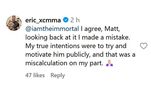 Eric Nicksick's comment. [Image credit: @mmafightiing on Instagram]