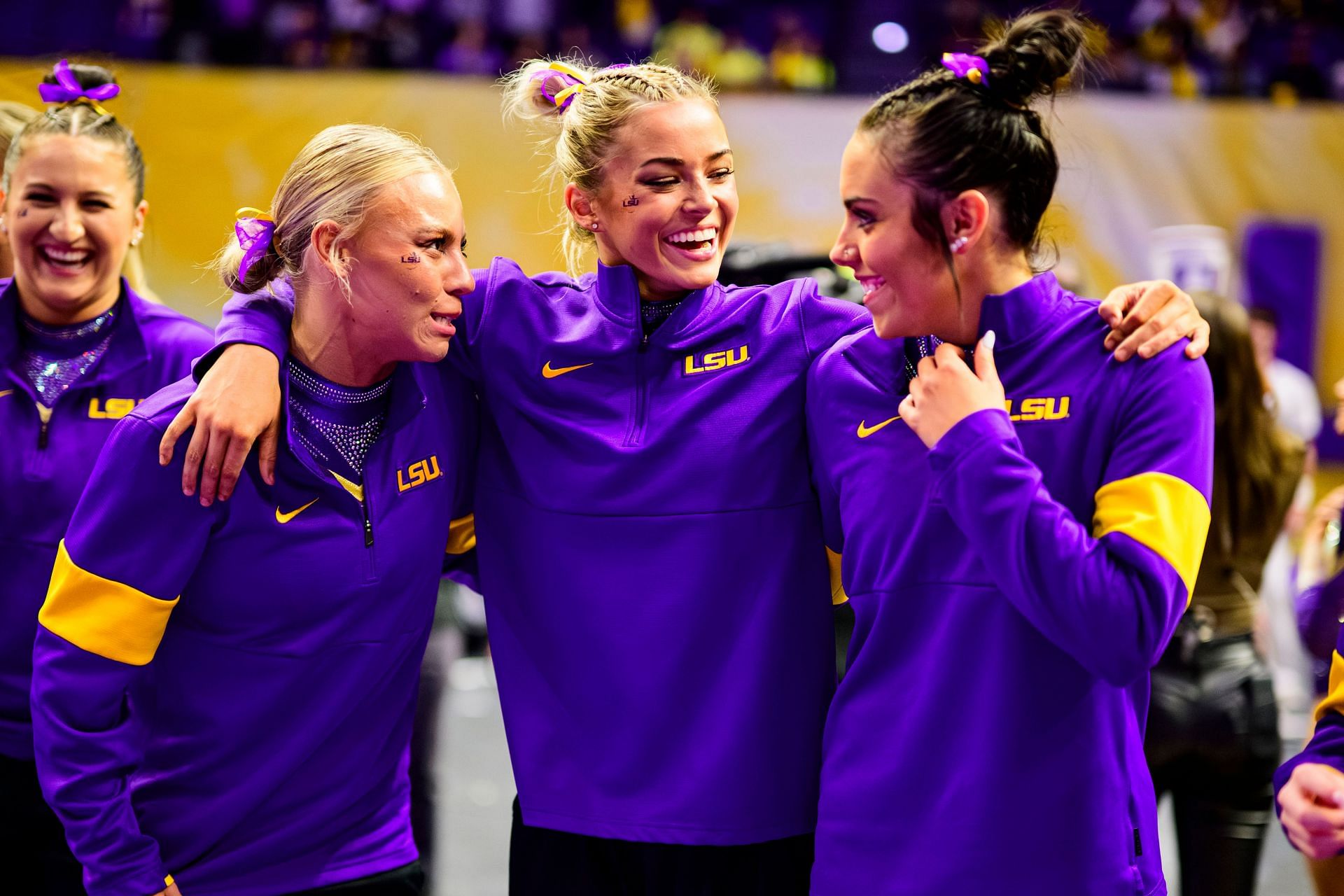 Olivia Dunne with teammates Chase Brock and Alexis Jeffrey before LSU&#039;s meet against the Florida Gators (Image via: Getty Images)