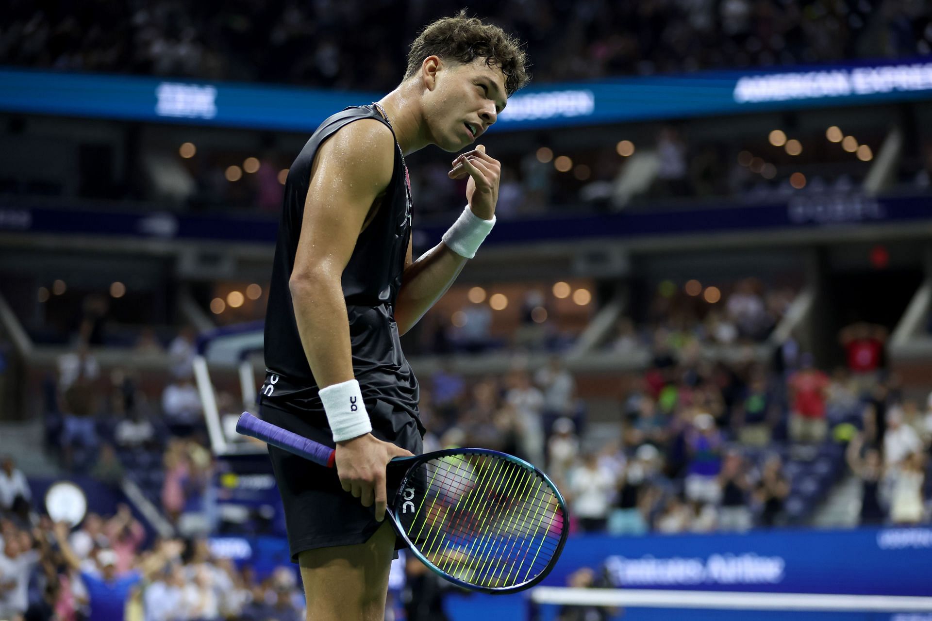 Ben Shelton performing the &#039;dialed-in&#039; celebration at the 2023 US Open (Source: Getty)