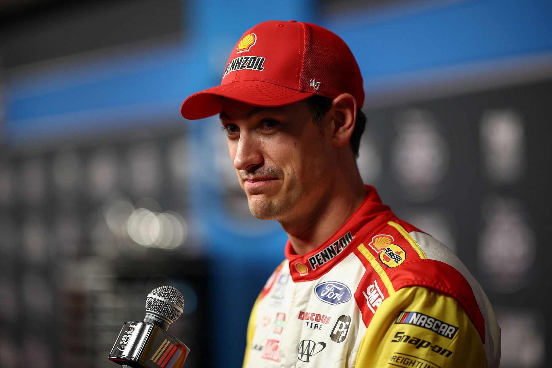 DAYTONA BEACH, FLORIDA - FEBRUARY 12: Joey Logano, driver of the #22 Shell Pennzoil Ford speaks to the media during Media Day for the NASCAR Daytona 500 at Daytona International Speedway on February 12, 2025 in Daytona Beach, Florida. (Photo by Jared C. Tilton/Getty Images) - Source: Getty