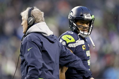 Pete Caroll, left, Russell Wilson, right, during Detroit Lions v Seattle Seahawks - Source: Getty