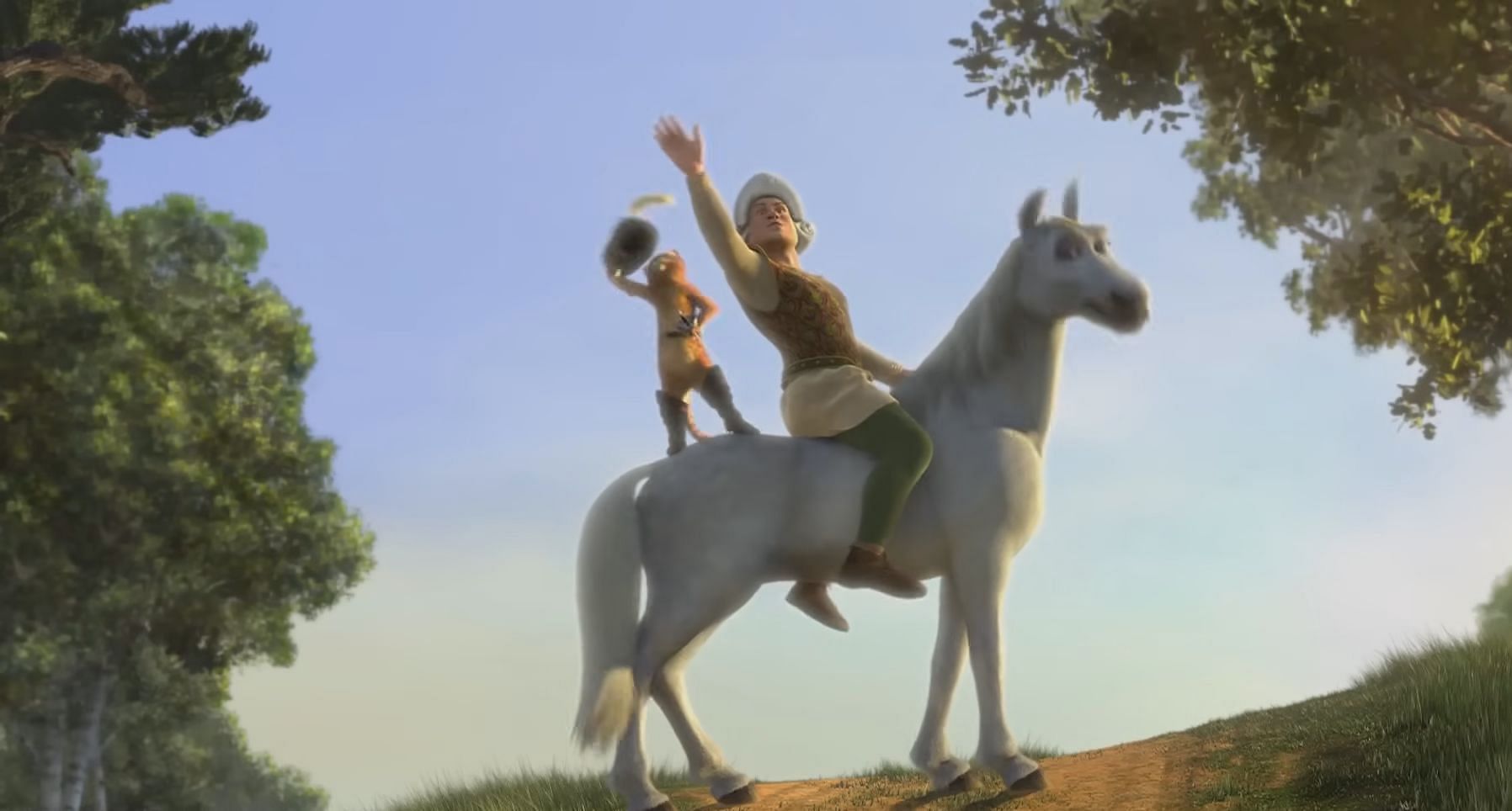 Human Shrek and stallion Donkey waving goodbye to the people they stole from. (Image via Apple TV)