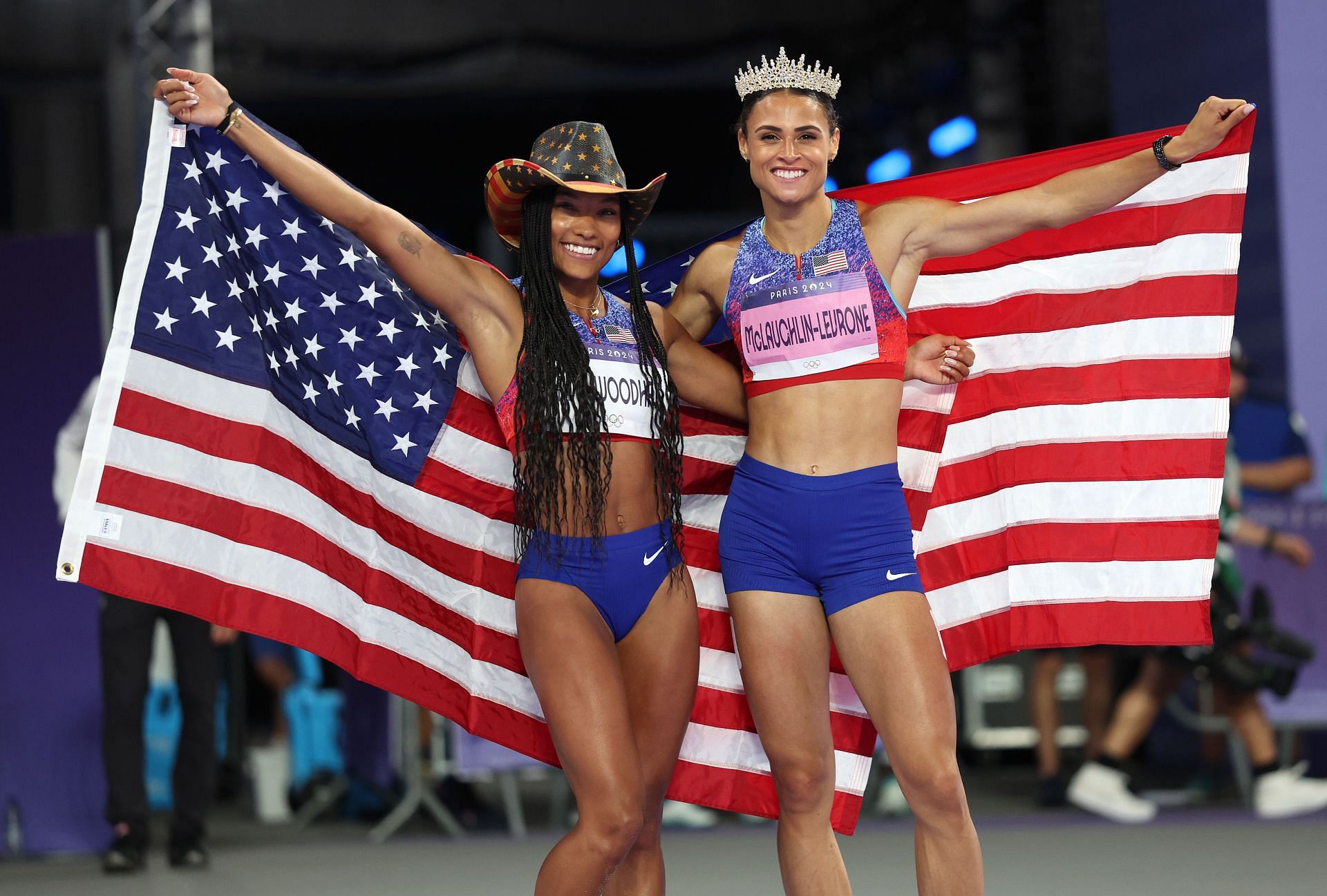 Sydney McLaughlin-Levrone and Tara Davis-Woodhall of Team United States at the Olympic Games 2024 in Paris, France. (Photo by Getty Images)