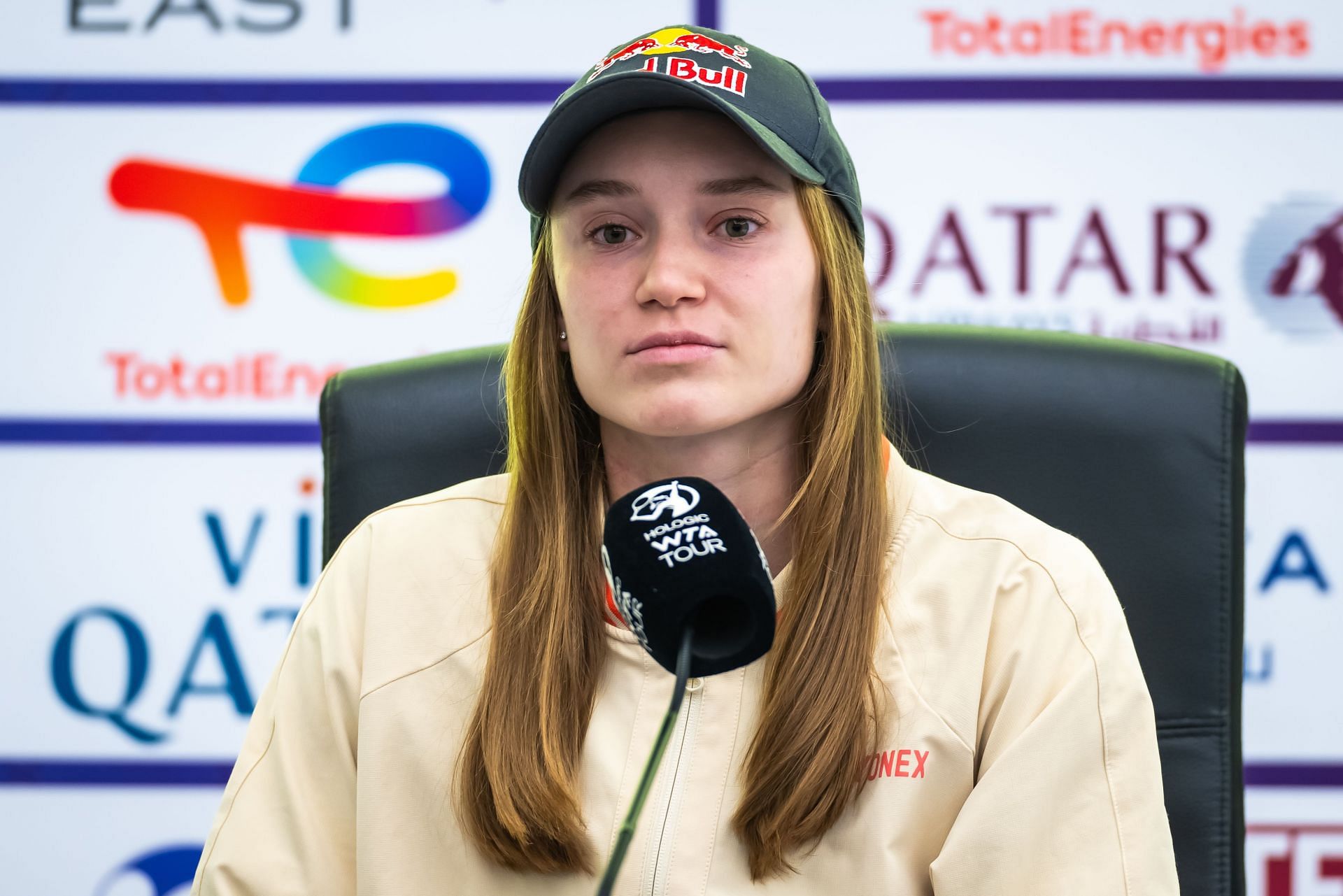 Elena Rybakina speaking at a press conference [Image Source: Getty Images]