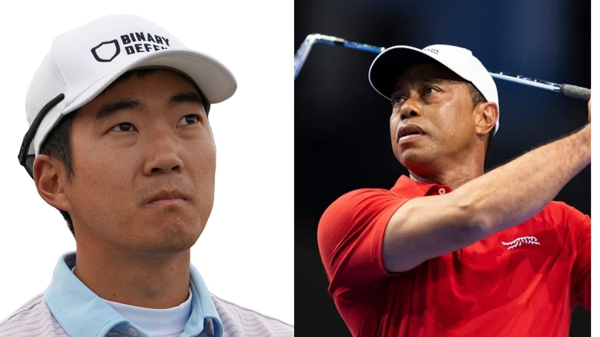 Michael Kim and Tiger Woods (Image via Imagn)