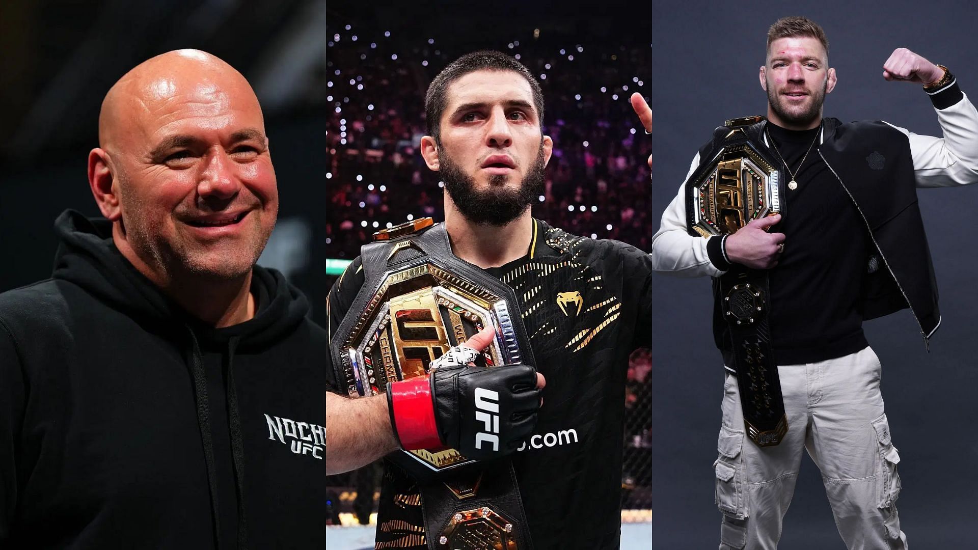 Dana White (left) shared honest reaction about Islam Makhachev (middle) potentially challenging Dricus du Plessis (right). [Image courtesy: Getty Images]