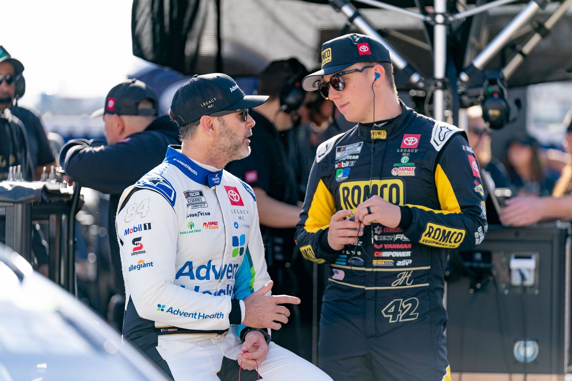 Jimmie Johnson and John Hunter Nemechek talk before qualifying for the NASCAR Cup Series AutoTrader EchoPark Automotive 400- Source: Getty