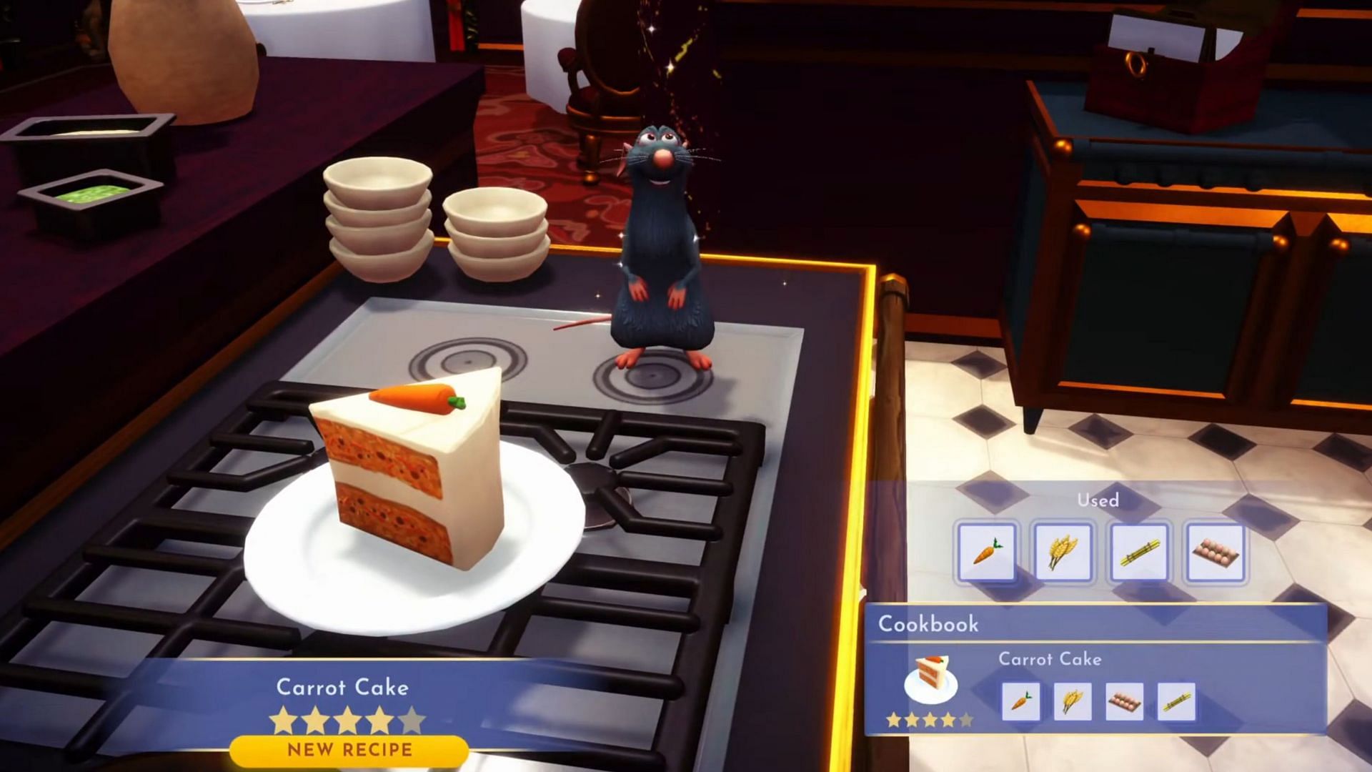 Carrot Cake is a four-star dish in Disney Dreamlight Valley (Image via Gameloft || YouTube/@GreymaneGames)