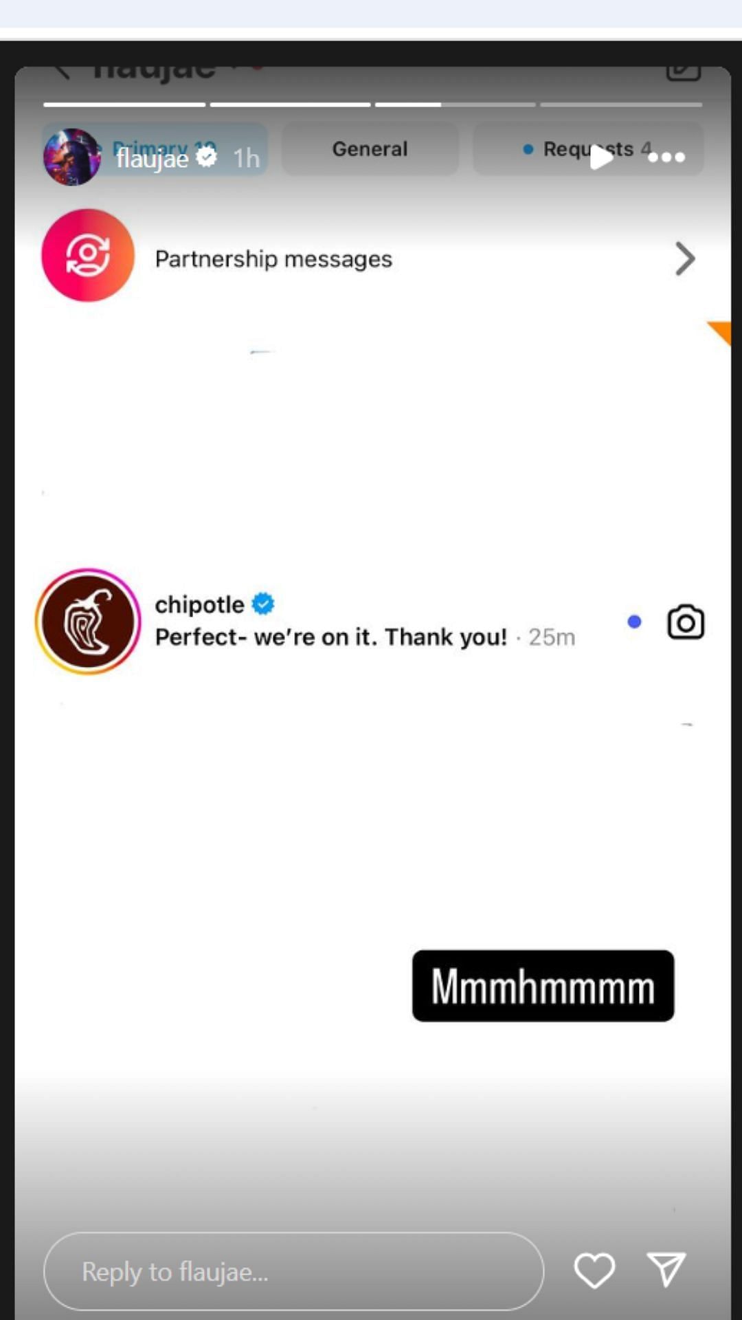 Flau&#039;jae Johnson shares Chipotle&#039;s message on IG story. Image via @flaujae