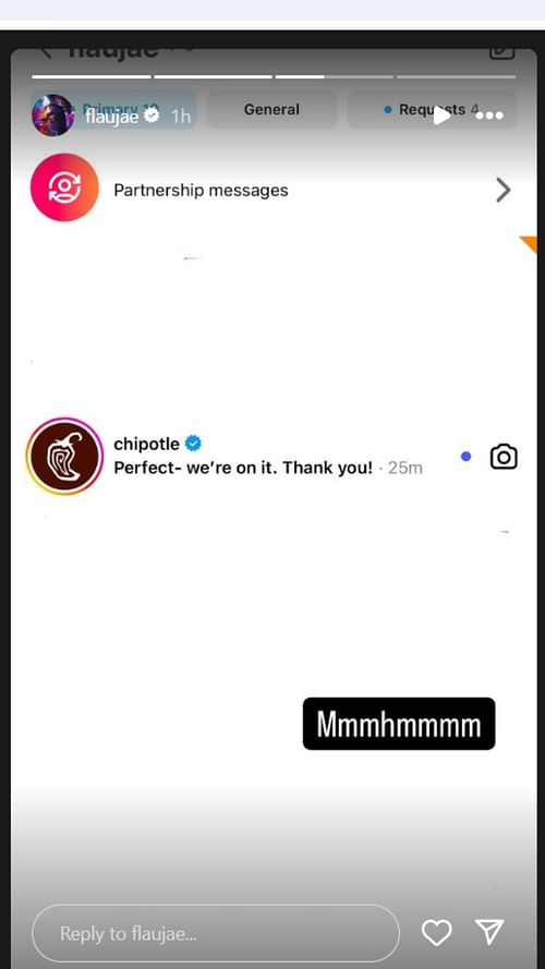 Flau'jae Johnson shares Chipotle's message on IG story. Image via @flaujae