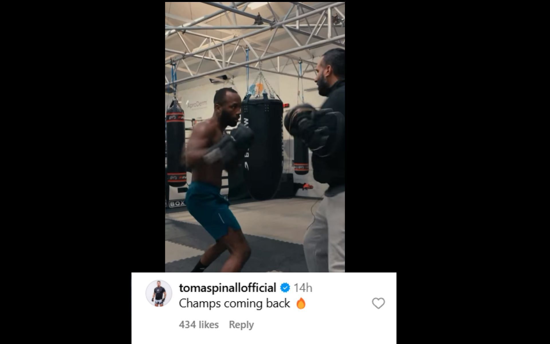 Screenshot of Tom Aspinall&#039;s comment on Leon Edwards&#039; training video: [Image courtesy @leonedwardsmma]