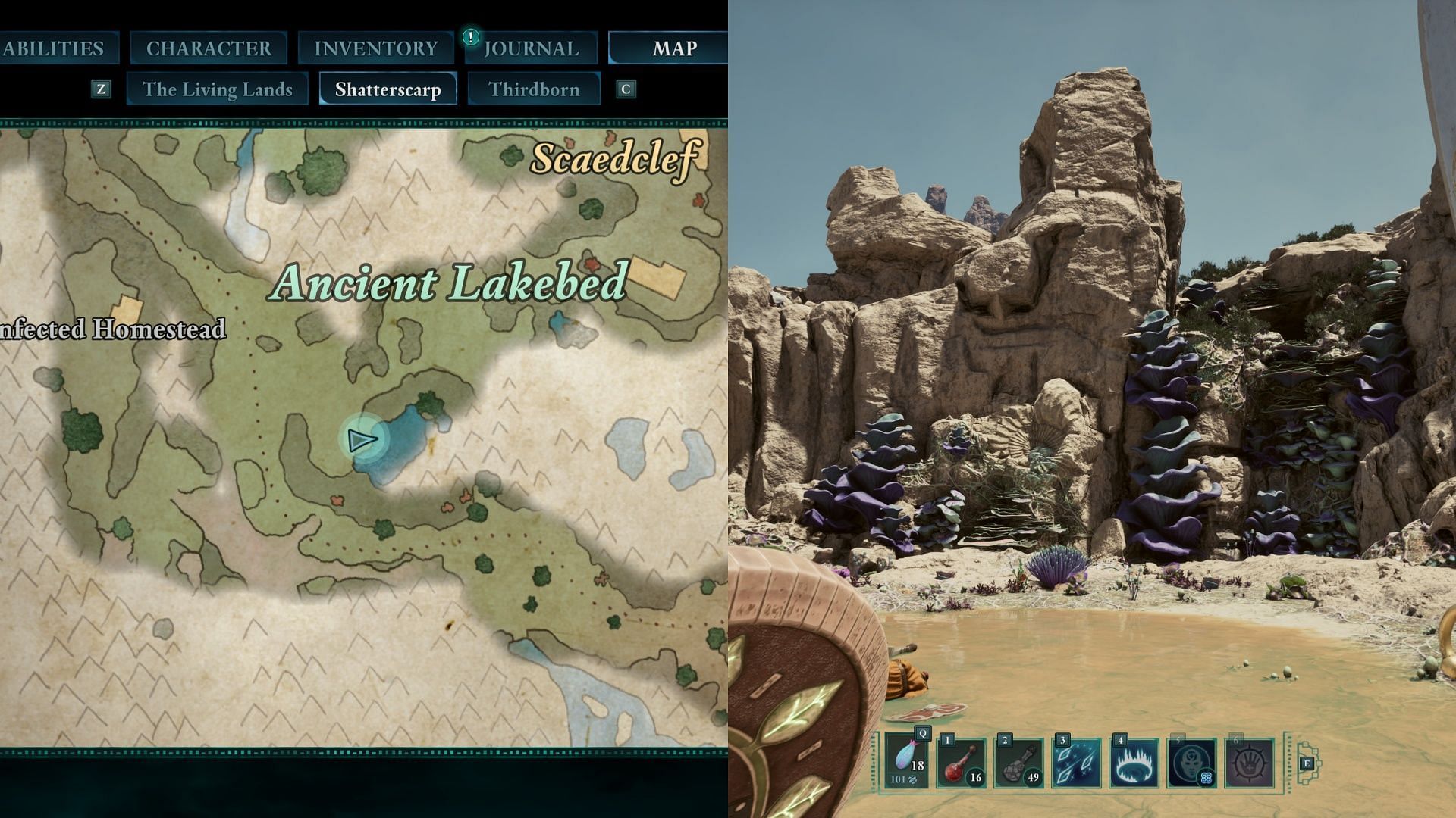 Here&#039;s the location of the lakebed. The second image shows the cave you need to fall into (Image via Obsidian Entertainment)