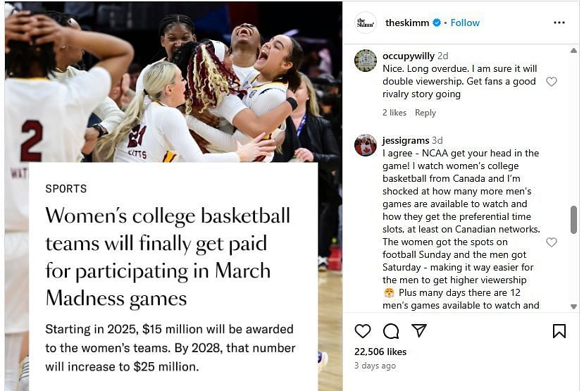 Many fans welcomed the NCAA Tournament payment news with excitement. (Photo Credit: Instagram/@occupywilly)