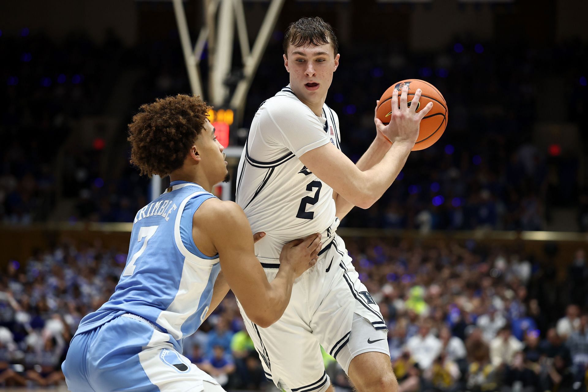 Cooper Flagg (#2) of the Duke Blue Devils is defended by Seth Trimble #7 of the North Carolina Tar Heels during the second half of their game at Cameron Indoor Stadium. Photo: Getty