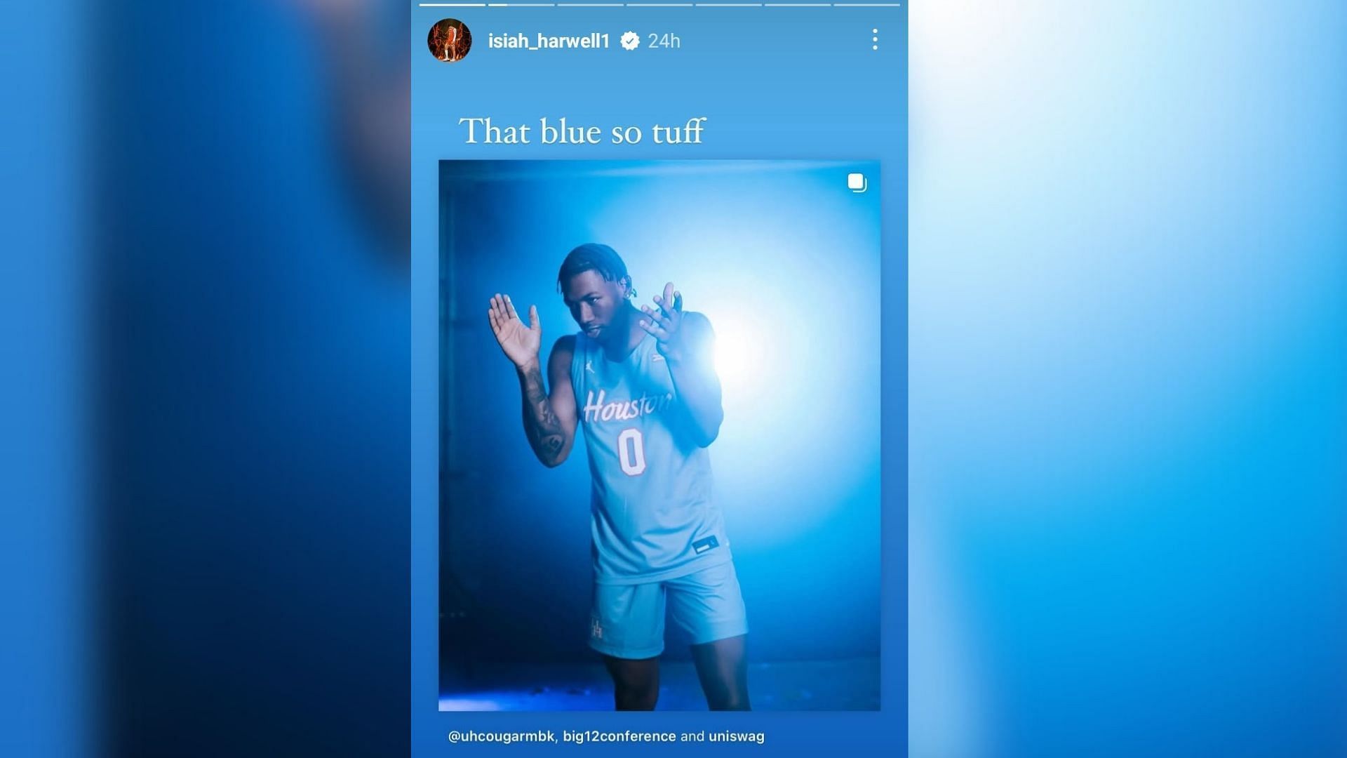 5-star signee Isiah Harwell drops 4-word reaction to Houston Cougars Basketball unveiling their awaited Houston Blue outfit. (Image via Instagram @isiah_harwell1)