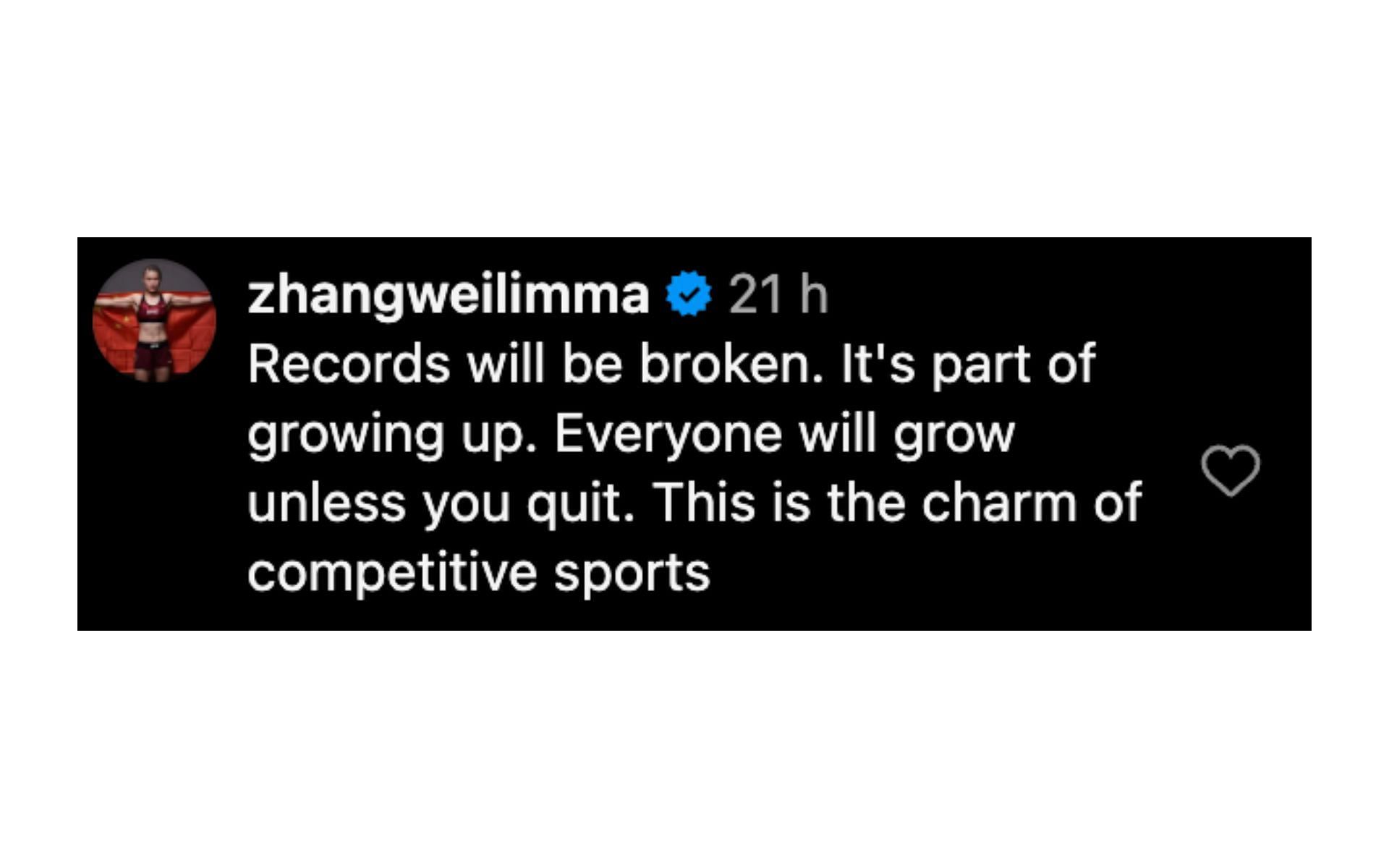 Screenshot of Zhang Weili&rsquo;s comment. [Screenshot courtesy: @fullviolence on Instagram]