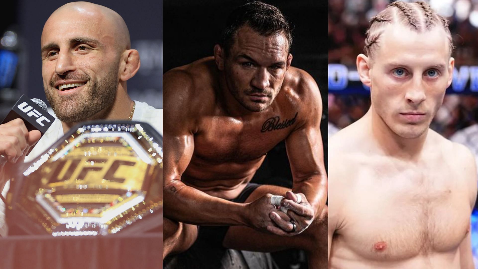 Alexander Volkanovski (left), Michael Chandler (center), Paddy Pimblett (right) [Images courtesy of @mikechandlermma on Instagram &amp; Getty Images]